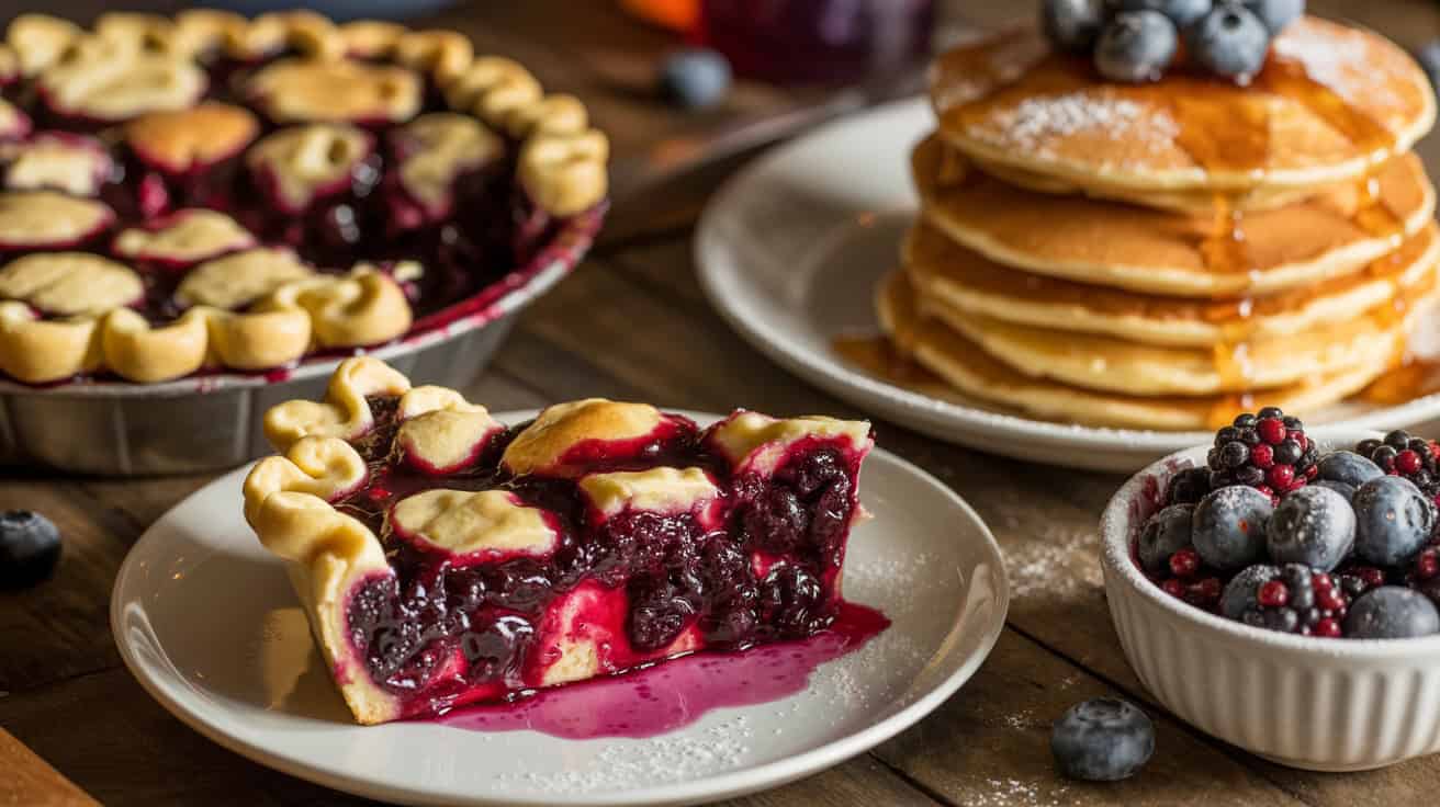 Delicious Huckleberry Recipes You’ll Want to Try 1 Berry fruit pie with a slice served on a white plate, topped with mixed berries, and pancakes with syrup on a plate, alongside blueberries and berries in a bowl, all on a rustic wooden table.