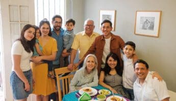 Family enjoying a healthy meal together at home, promoting family bonding and nutritious eating habits.