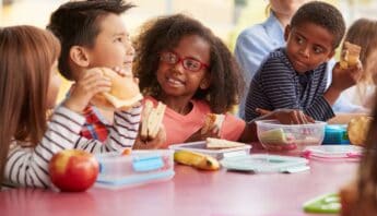 Kids school lunch eating healthy sandwiches and fruit at desk during lunch break healthy meal options for children health and wellness education for kids.