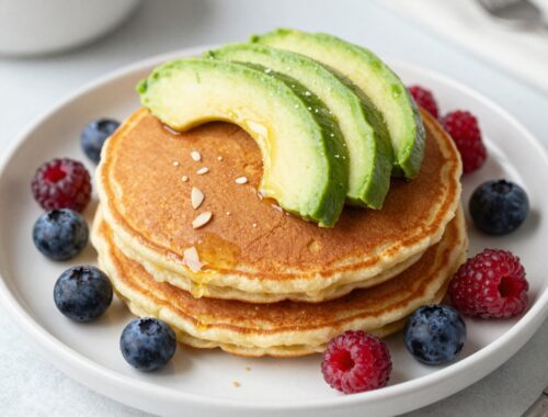 Pancakes topped with avocado and berries.