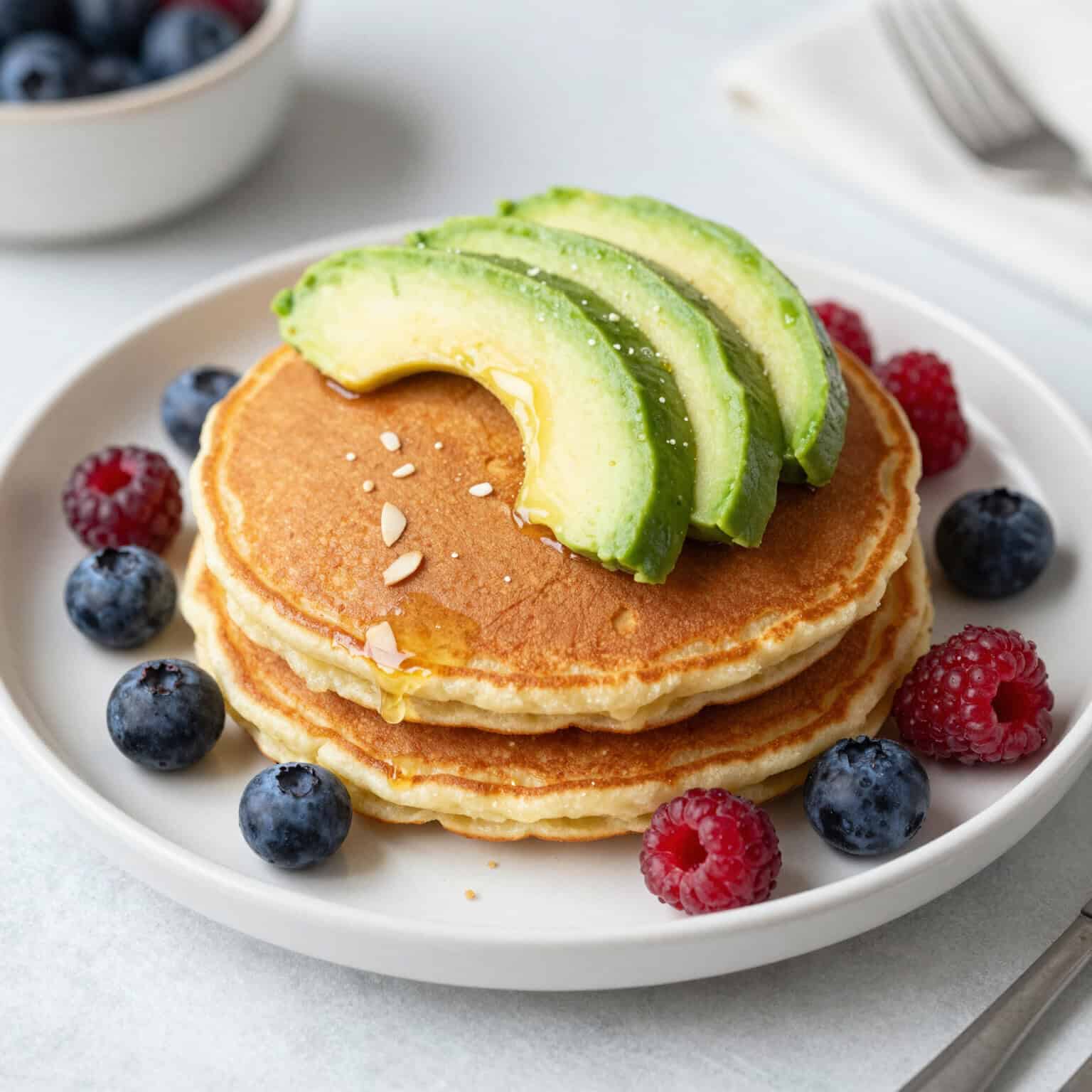 Pancakes topped with avocado and berries.