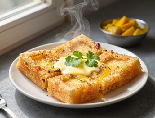 Steaming savory dish with garnish.