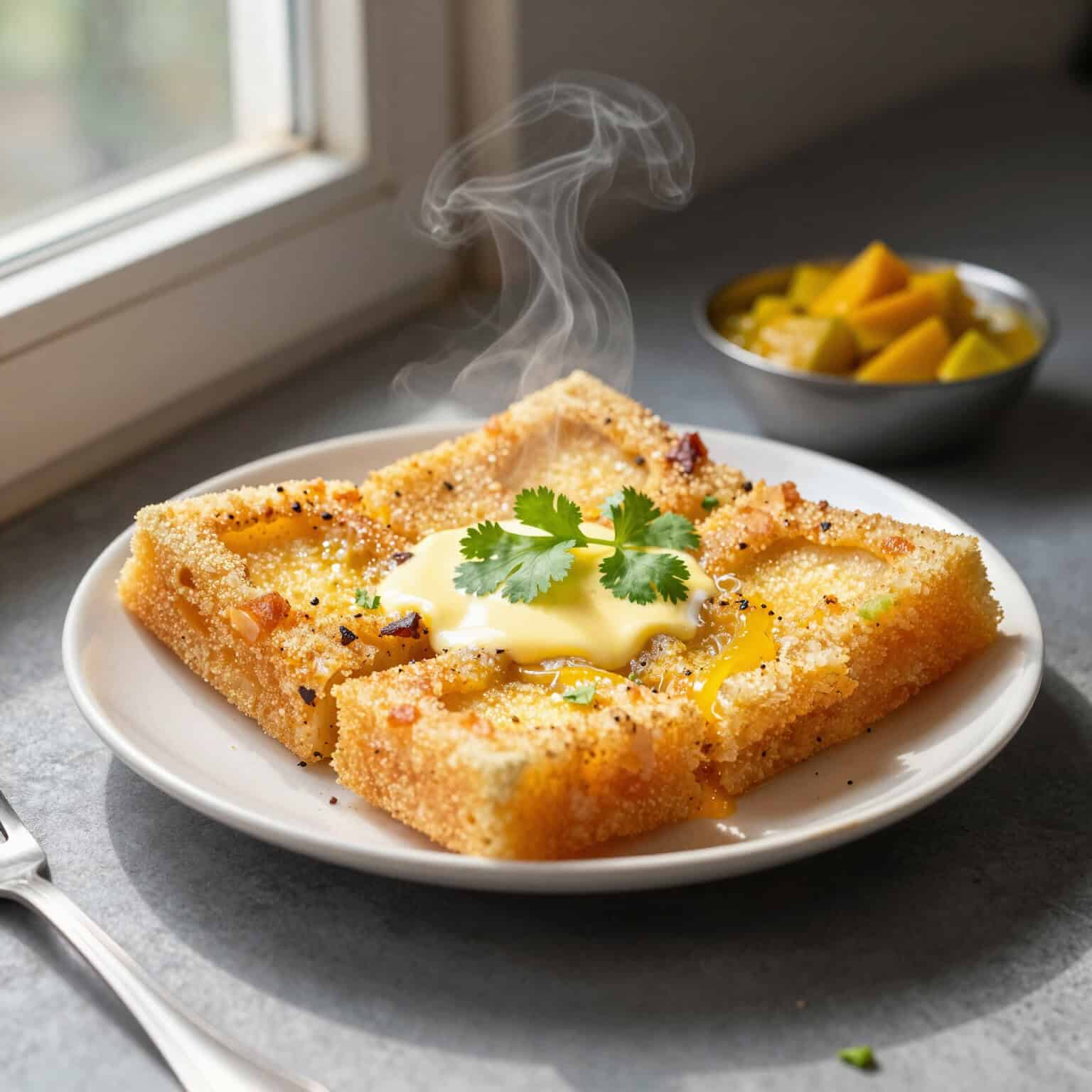 Steaming savory dish with garnish.