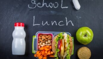 Snack box with vegetables, nuts, apple, and sandwich on blackboard background for healthy school lunch ideas.
