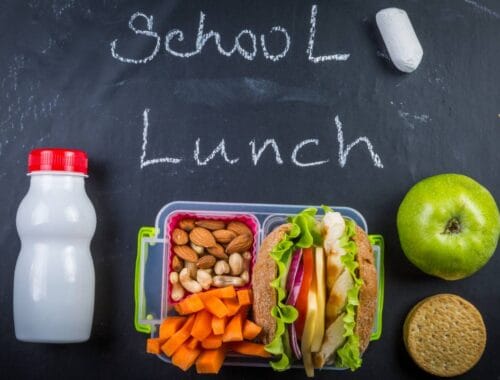 Snack box with vegetables, nuts, apple, and sandwich on blackboard background for healthy school lunch ideas.
