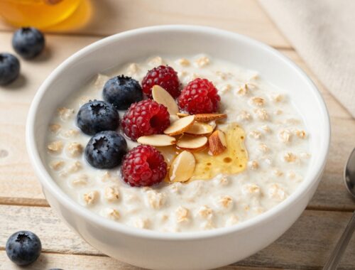 Oatmeal topped with berries and honey