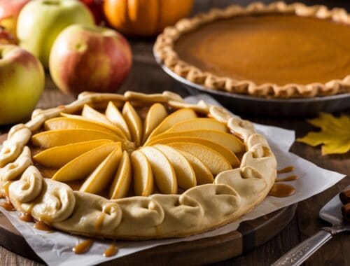 Apple and pumpkin pies, apple slices, and a caramel sauce at a fall-themed gathering.