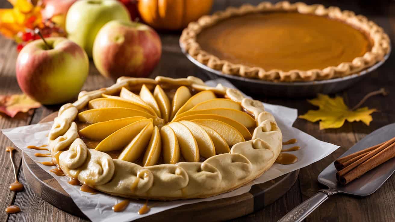 Apple and pumpkin pies, apple slices, and a caramel sauce at a fall-themed gathering.