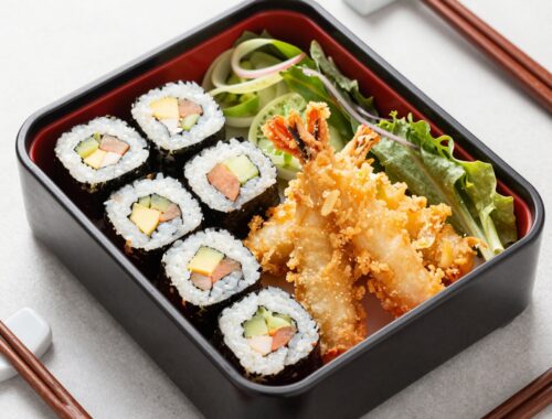 Sushi and tempura in bento box