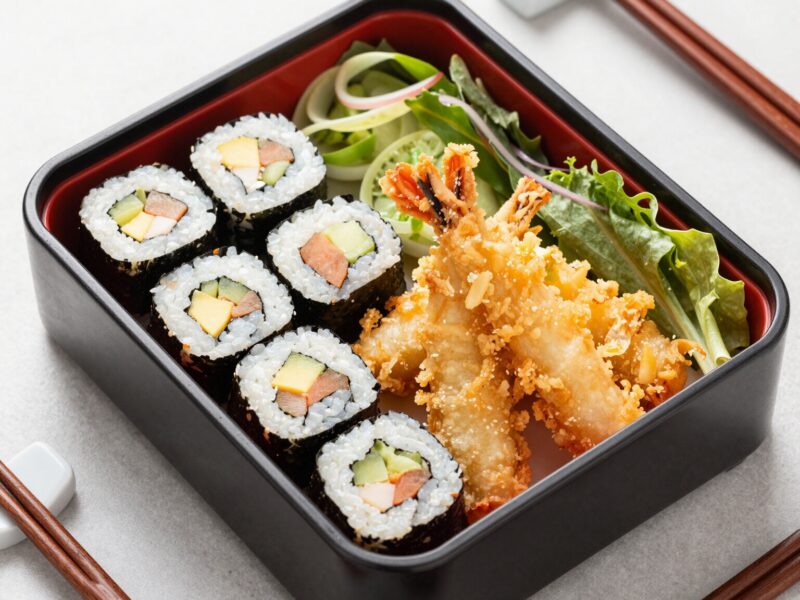 Sushi and tempura in bento box