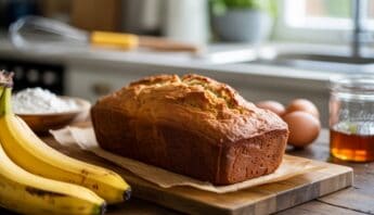 Easy Moist Banana Bread Recipe Anyone Can Bake 10 Banana bread on a wooden cutting board with fresh bananas, eggs, honey, and baking ingredients in the background, highlighting healthy baking tips and nutritious recipes for optimal health.