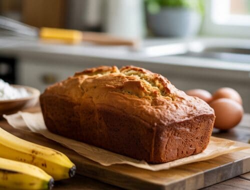 Banana bread on a wooden cutting board with fresh bananas, eggs, honey, and baking ingredients in the background, highlighting healthy baking tips and nutritious recipes for optimal health.