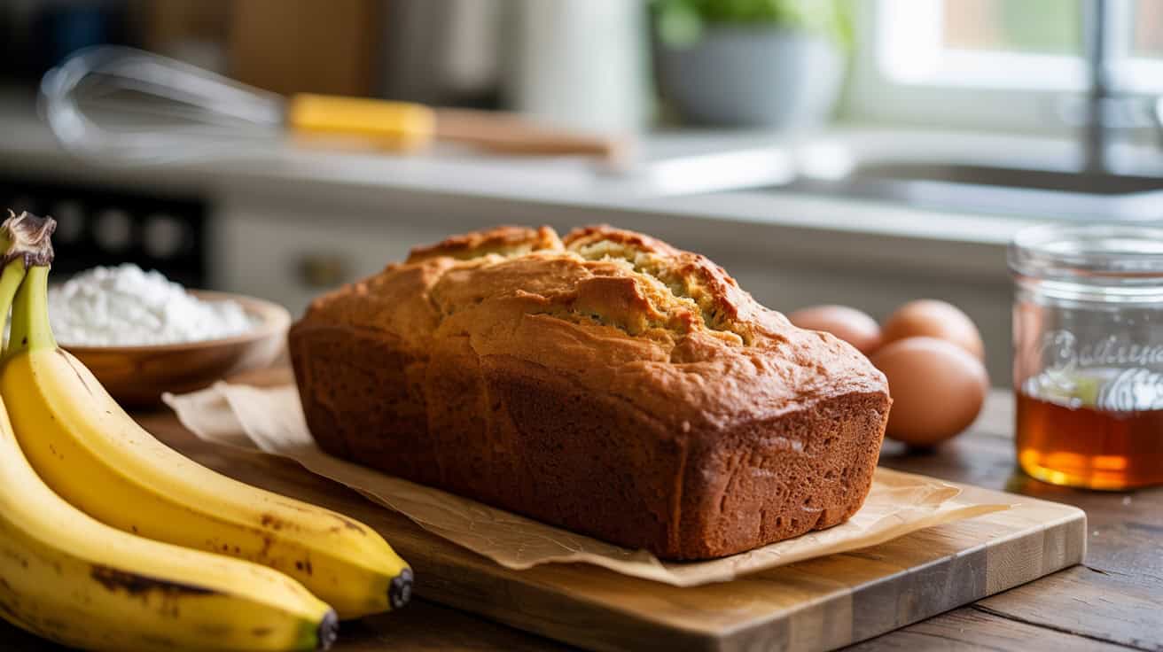 Banana bread on a wooden cutting board with fresh bananas, eggs, honey, and baking ingredients in the background, highlighting healthy baking tips and nutritious recipes for optimal health.