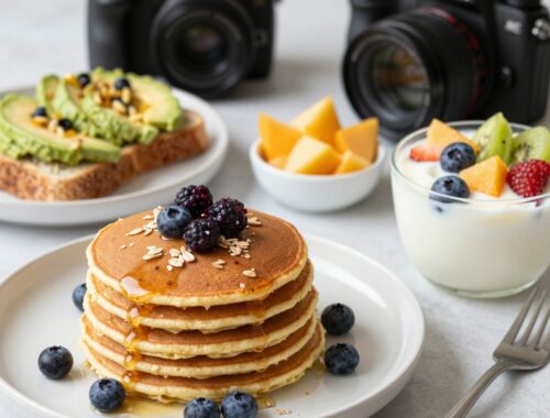 Pancakes, fruit, yogurt, and cameras.