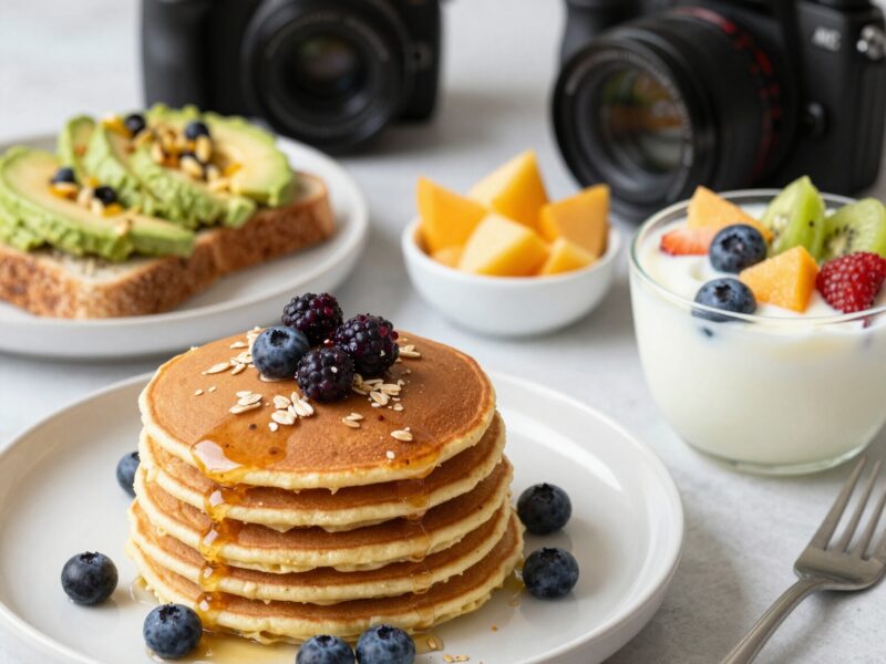 Pancakes, fruit, yogurt, and cameras.