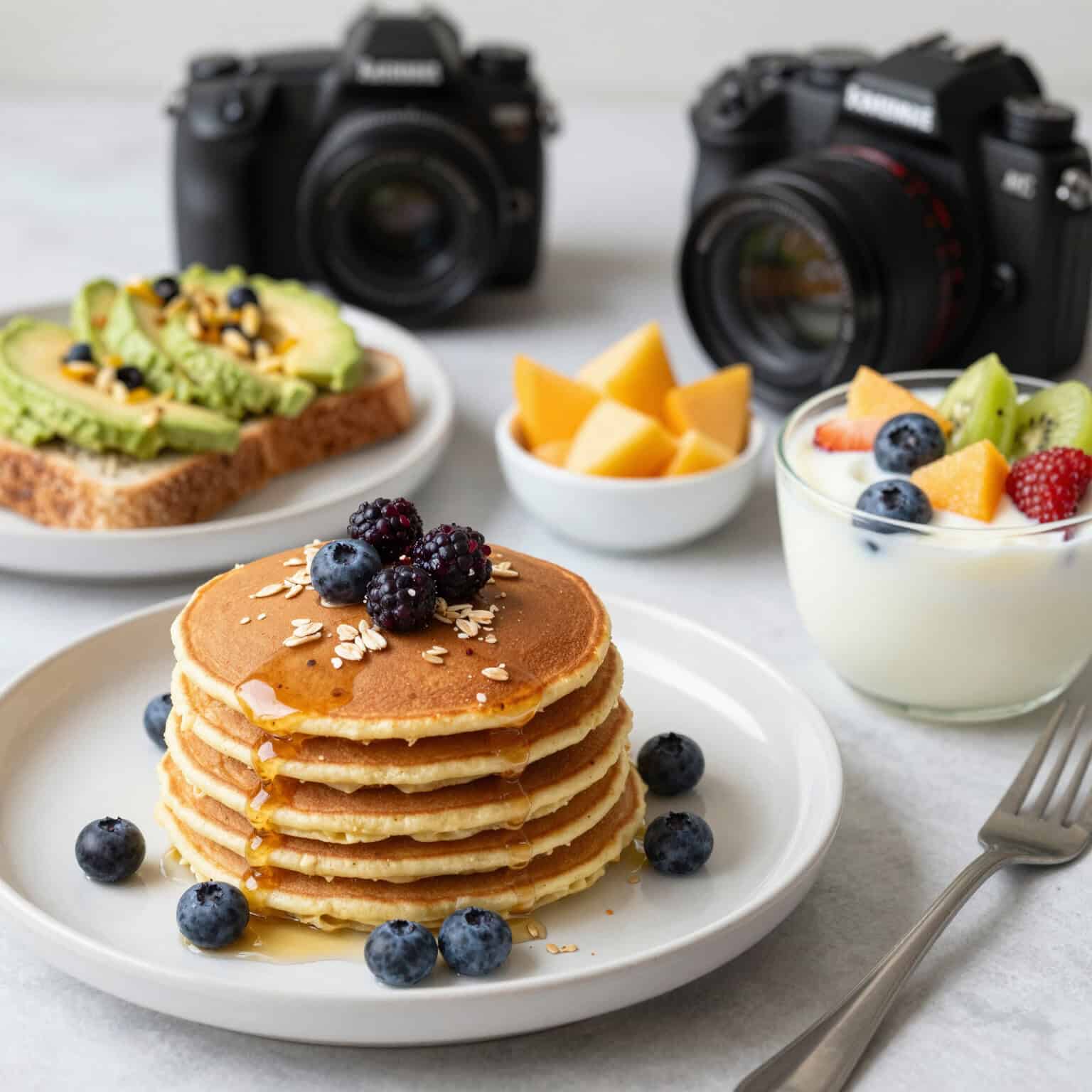 Pancakes, fruit, yogurt, and cameras.