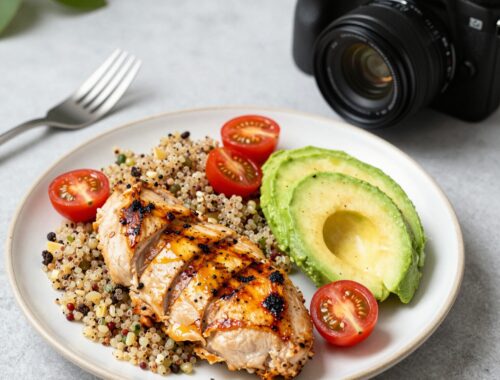 Grilled chicken, quinoa, avocado, tomatoes.