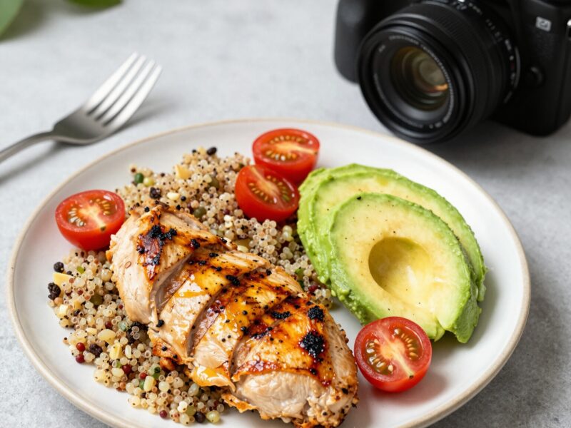 Grilled chicken, quinoa, avocado, tomatoes.