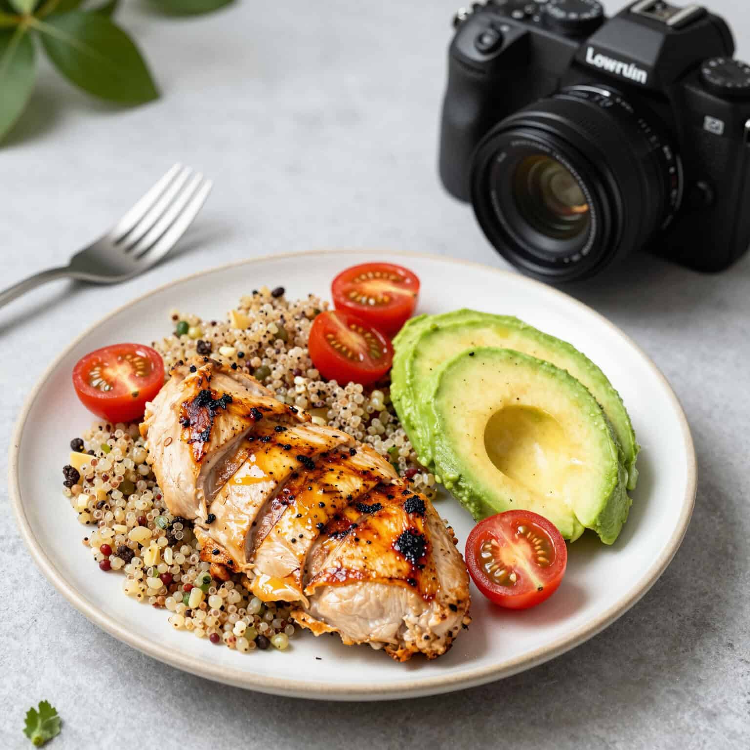 Grilled chicken, quinoa, avocado, tomatoes.
