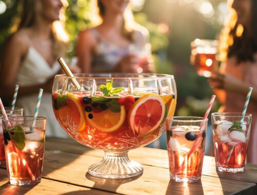 Colorful fruit punch in a glass bowl with fresh fruit slices and mint, surrounded by friends enjoying drinks outdoors on a sunny day.