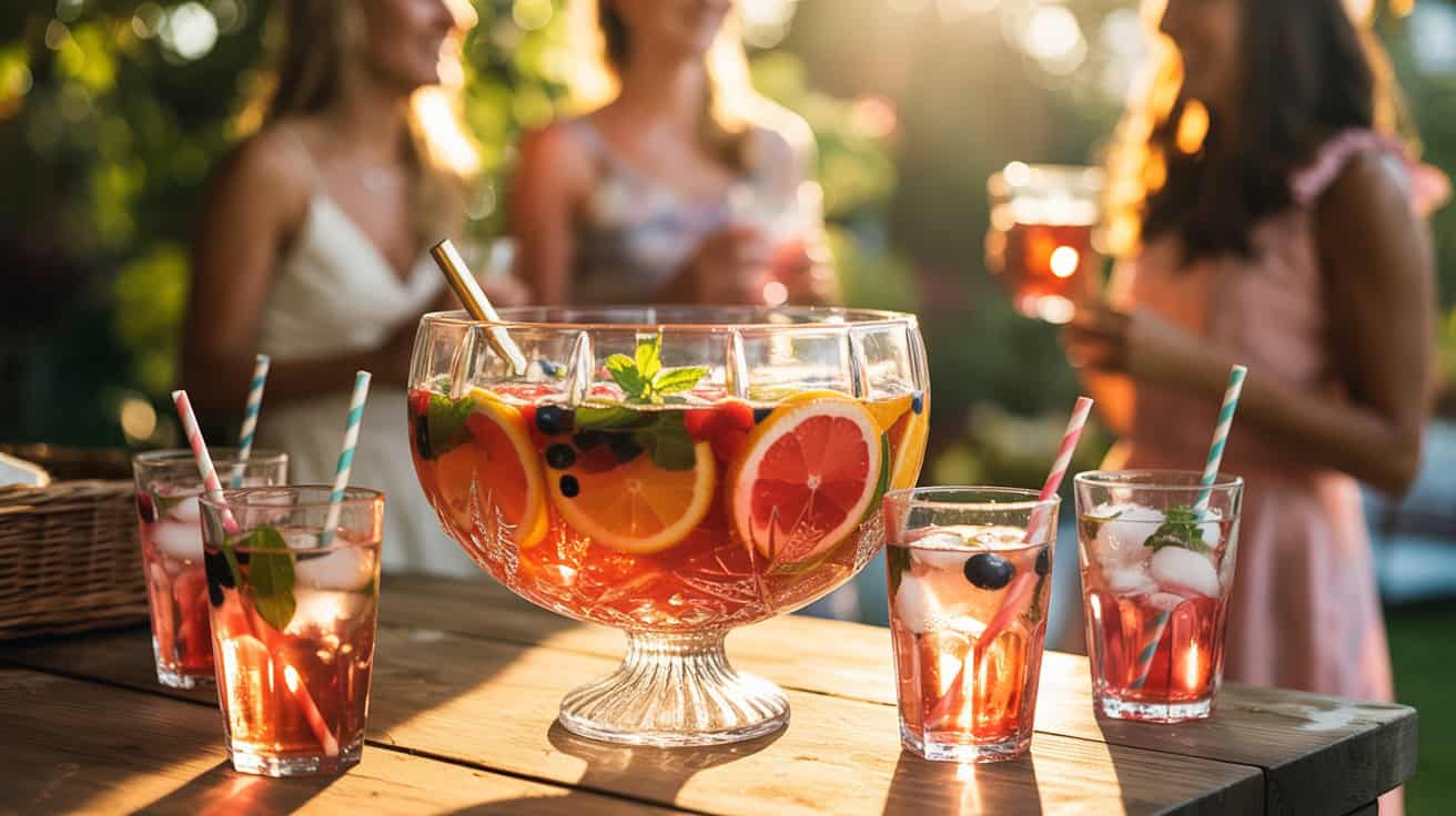 Colorful fruit punch in a glass bowl with fresh fruit slices and mint, surrounded by friends enjoying drinks outdoors on a sunny day.