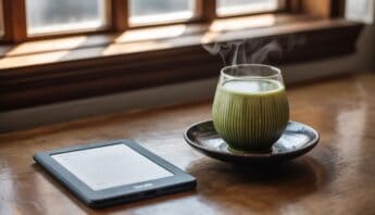 Matcha Kindle Reads: Best Books for Tea Enthusiasts 11 Steaming green tea in a glass cup on a wooden table with a digital e-reader nearby, set by a sunlit window, illustrating a calm and healthy lifestyle.