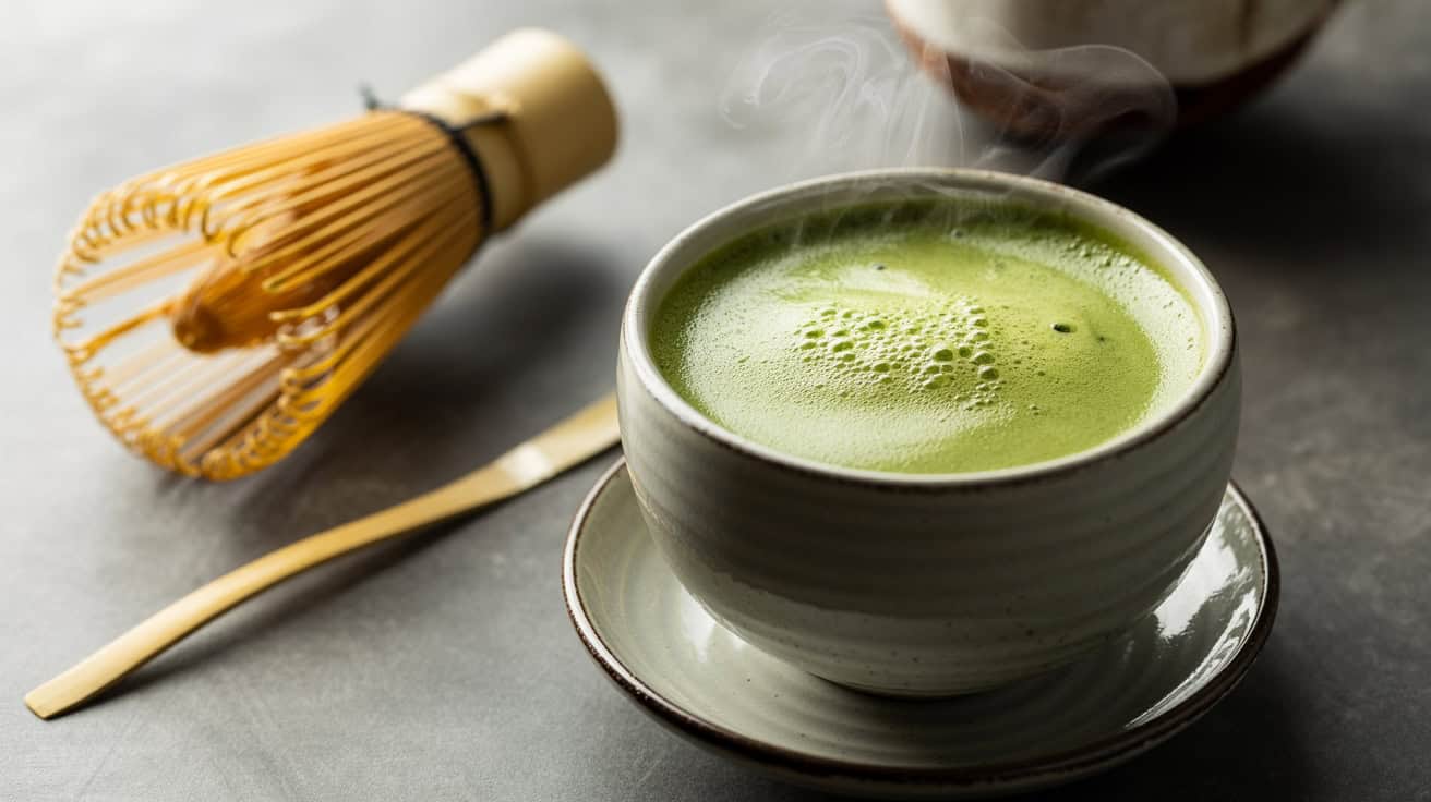 Matcha green tea in a ceramic cup with a bamboo whisk and spoon, highlighting a healthy, antioxidant-rich beverage.