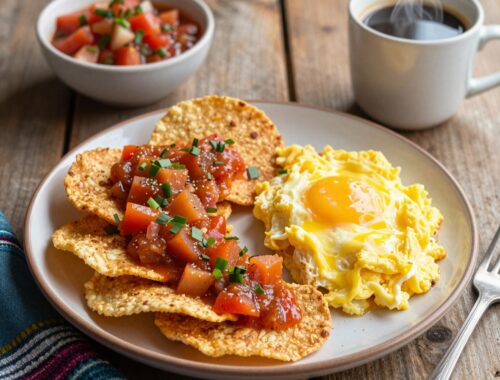 Eggs, tortilla chips, salsa, coffee