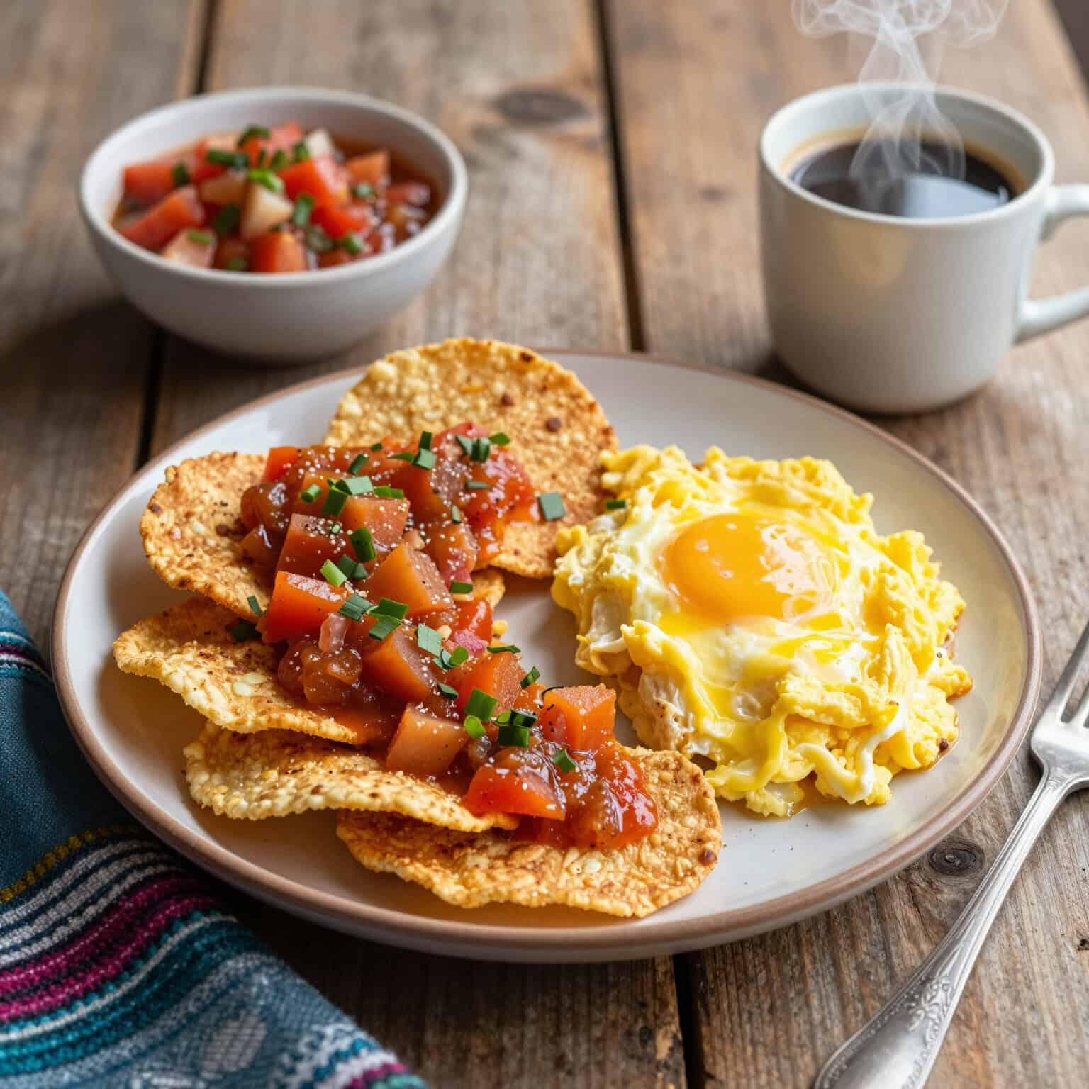 Eggs, tortilla chips, salsa, coffee