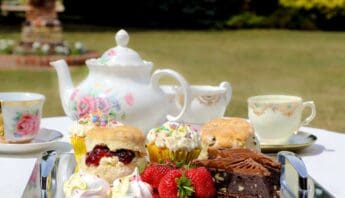 Tea party with assorted desserts, cupcakes, strawberries, and fine china on a outdoor table in a garden setting.