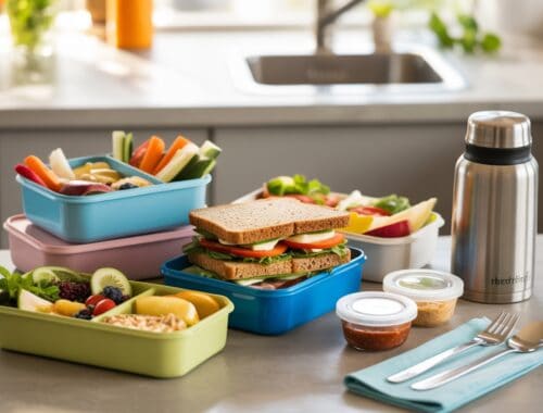 Colorful meal prep containers filled with fresh fruits, vegetables, sandwiches, and dips on a kitchen counter for healthy eating.