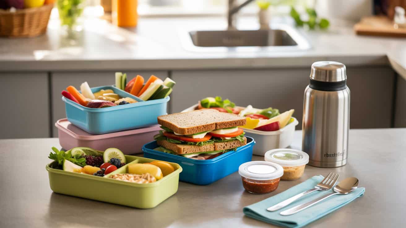 Colorful meal prep containers filled with fresh fruits, vegetables, sandwiches, and dips on a kitchen counter for healthy eating.