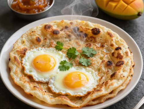 Fried eggs on crispy flatbread with mango