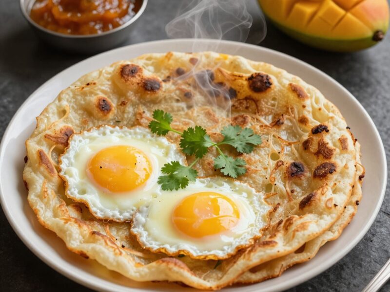 Fried eggs on crispy flatbread with mango