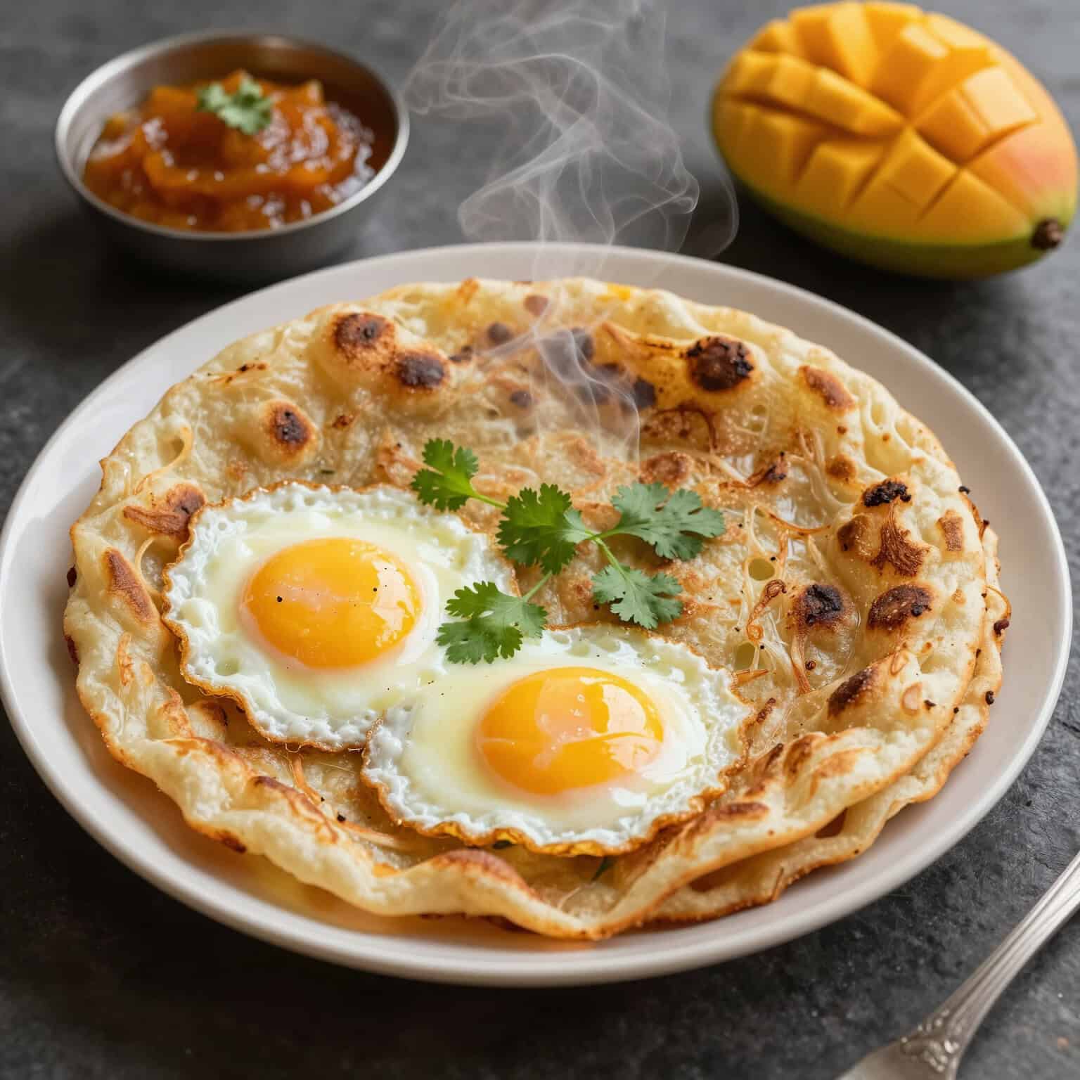 Fried eggs on crispy flatbread with mango