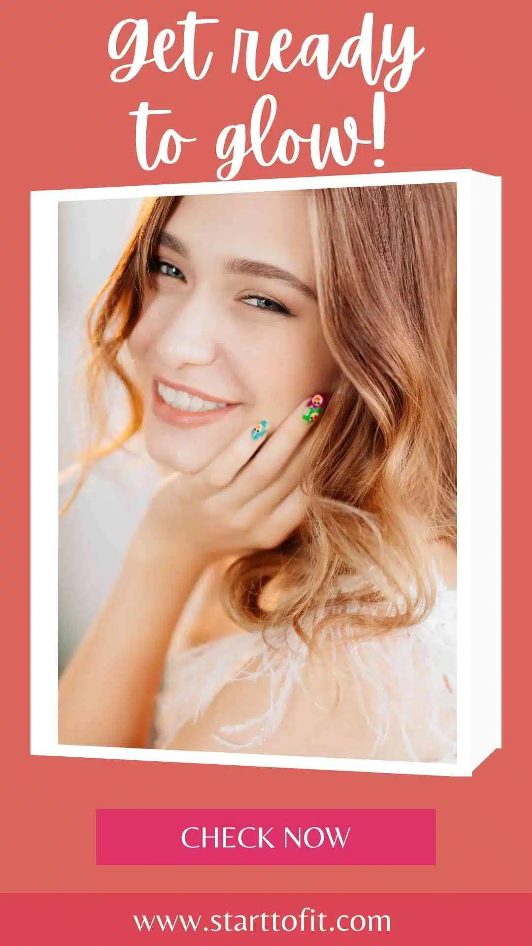 Beautiful woman with red hair smiling, promoting health and beauty tips for glowing skin and confident appearance.