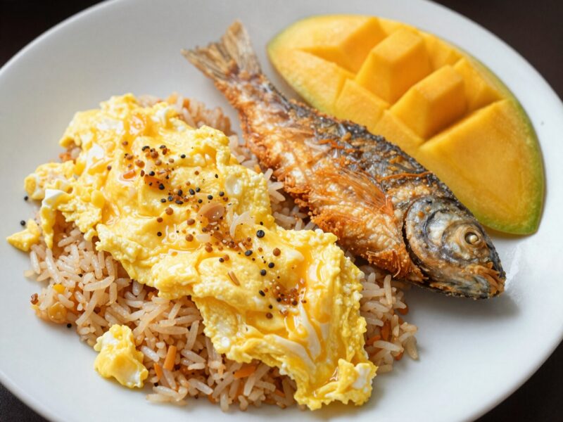 Fried fish, rice, eggs, and mango.