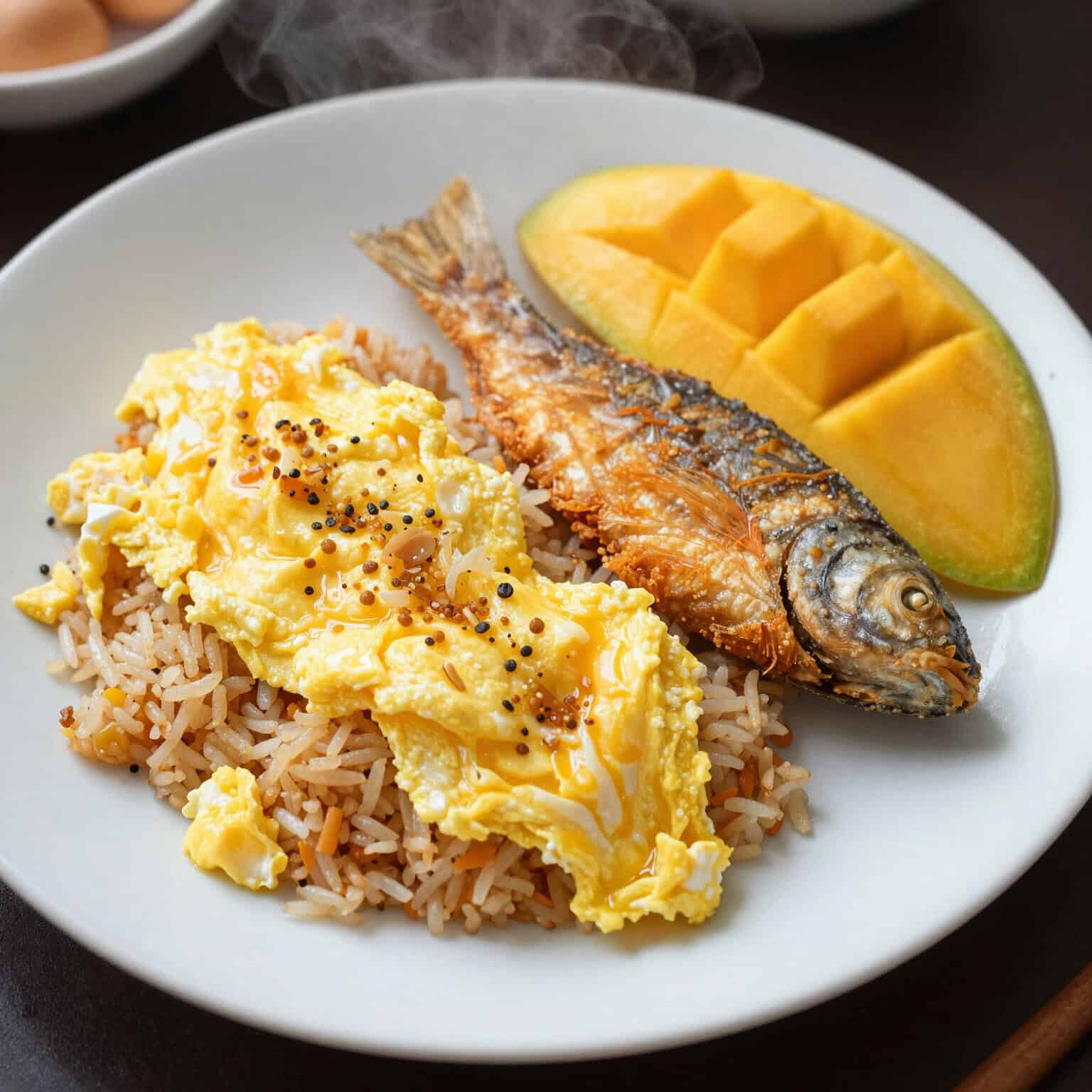 Fried fish, rice, eggs, and mango.