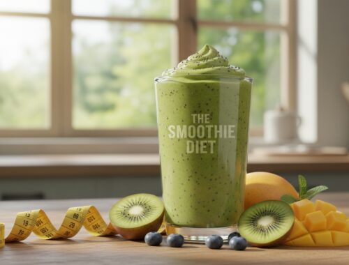 Refreshing green smoothie surrounded by kiwi, mango, blueberries, and a measuring tape, highlighting healthy eating and fitness goals.