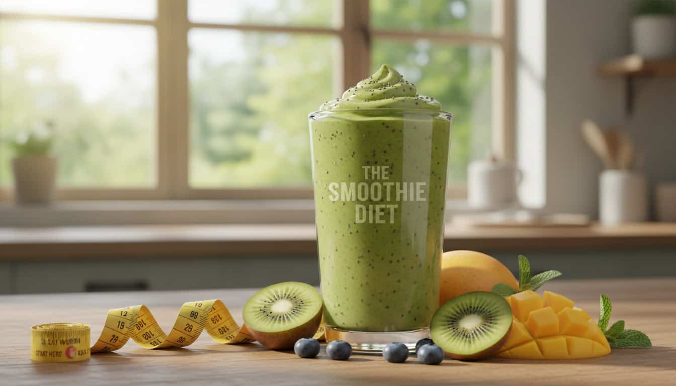 Refreshing green smoothie surrounded by kiwi, mango, blueberries, and a measuring tape, highlighting healthy eating and fitness goals.