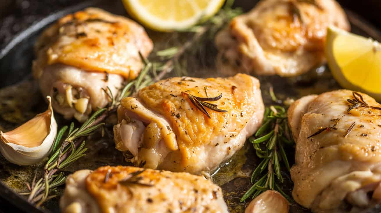 Succulent roasted chicken thighs with herbs and lemon slices for healthy eating and nutritious meal prep.