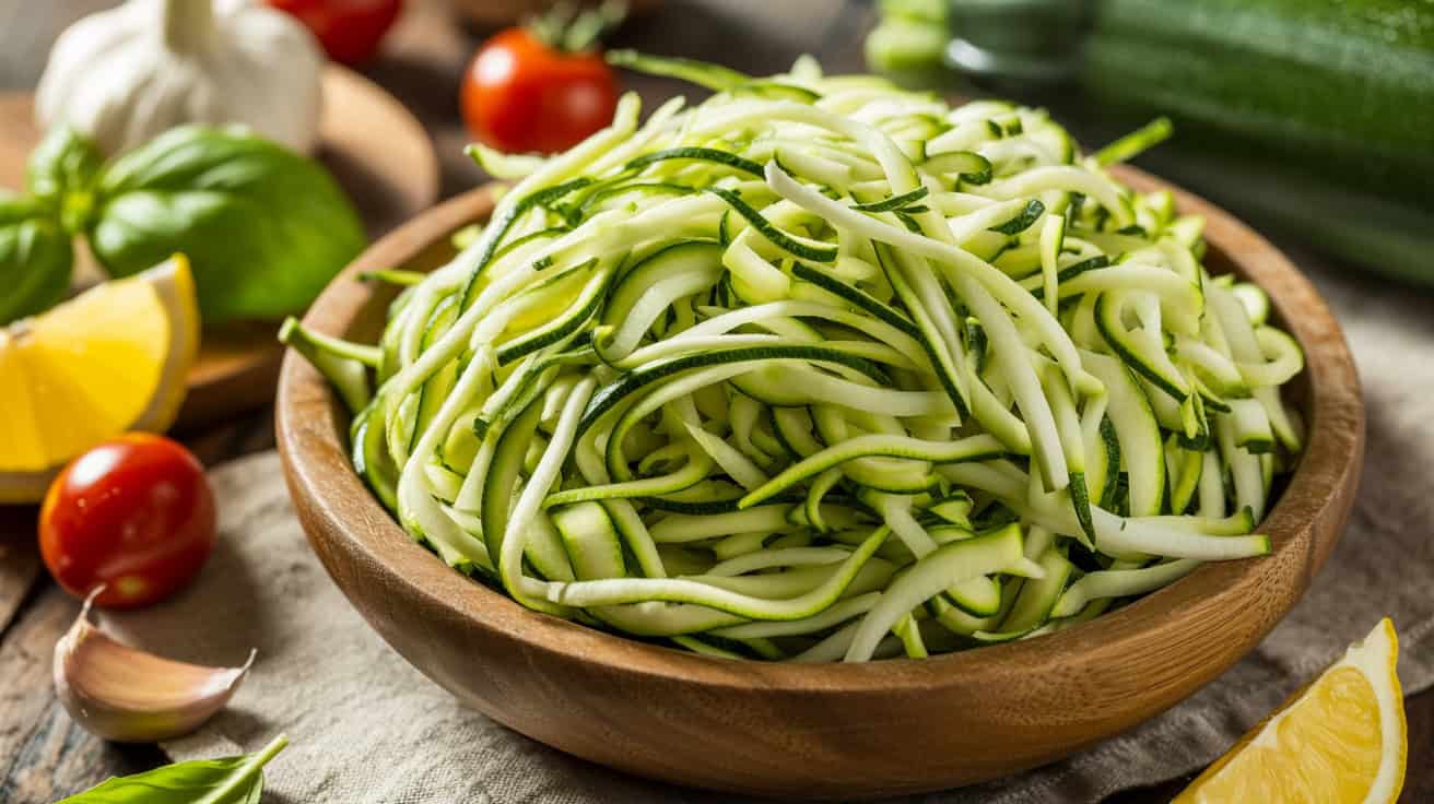 Zucchini noodles in wooden bowl with fresh vegetables and lemon wedges, healthy low-carb meal, vibrant food presentation, suitable for keto and vegans, nutritious diet option, fresh and colorful ingredients.