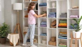 Clothing organization closet, neatly folded towels and clothes on white shelves, woman arranging laundry, home decluttering, interior design for tidy living spaces.