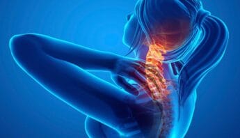 Spinal health and neck pain relief illustration, highlighting the cervical spine with a glowing, detailed view for health and fitness awareness.