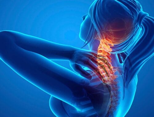 Spinal health and neck pain relief illustration, highlighting the cervical spine with a glowing, detailed view for health and fitness awareness.
