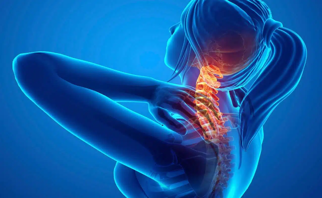 Spinal health and neck pain relief illustration, highlighting the cervical spine with a glowing, detailed view for health and fitness awareness.