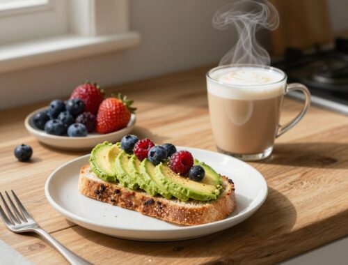 Avocado toast with berries and coffee