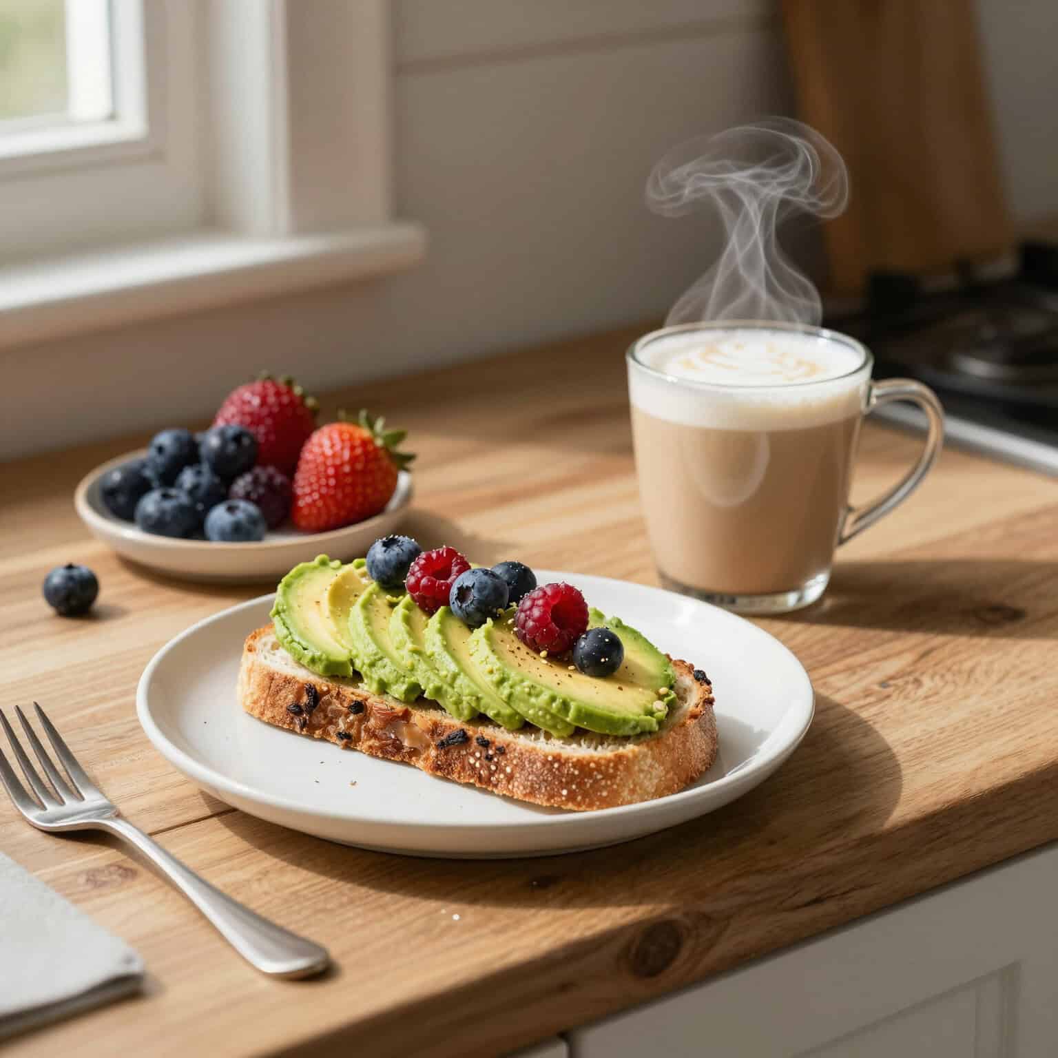 Avocado toast with berries and coffee