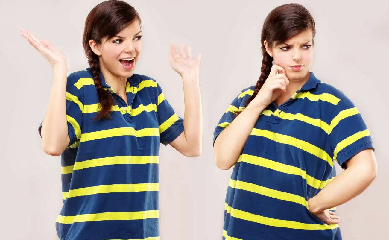 Sassy woman showing different expressions of excitement and doubt, wearing a blue and yellow striped polo shirt, highlighting emotional reactions in fitness or health discussions.