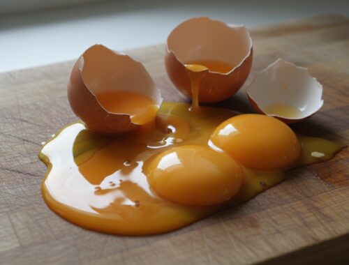 Cracked eggs on a wooden surface.